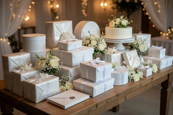 Schöne Geschenke auf einem Geschenketisch einer Hochzeit
