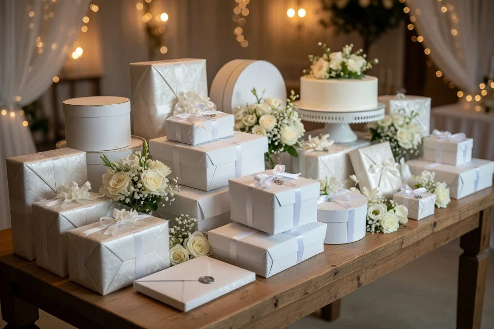 Schöne Geschenke auf einem Geschenketisch einer Hochzeit