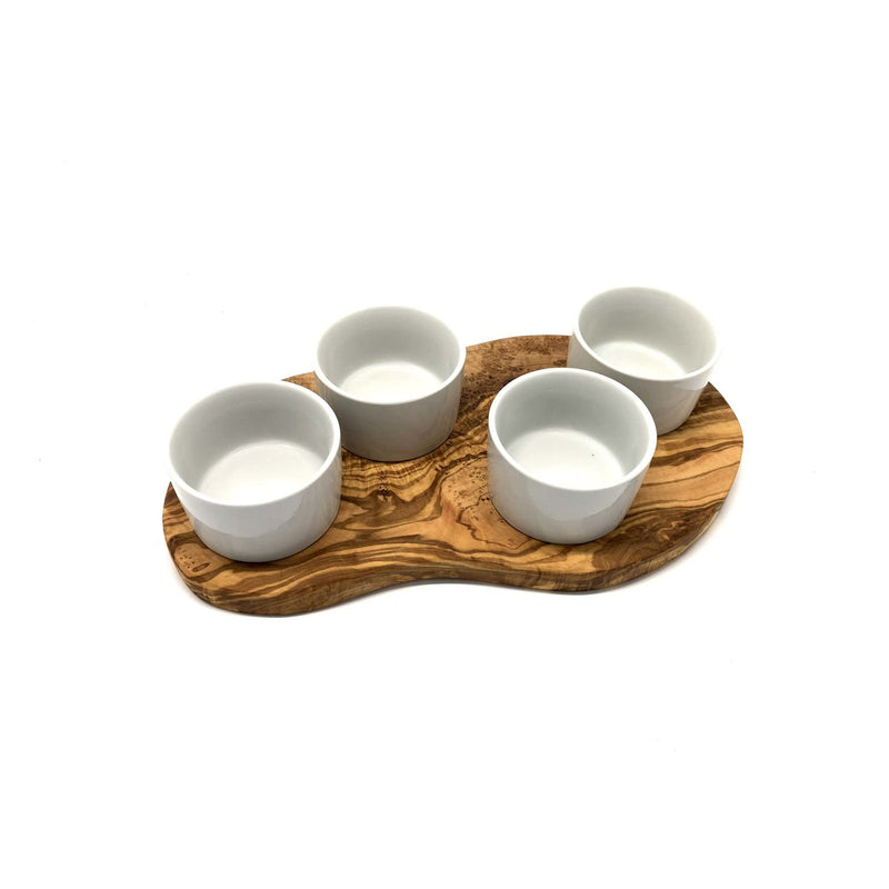 Servierbrett aus Olivenholz mit 4 Porzellanschalen – handgefertigtes Dip-Set aus Deutschland