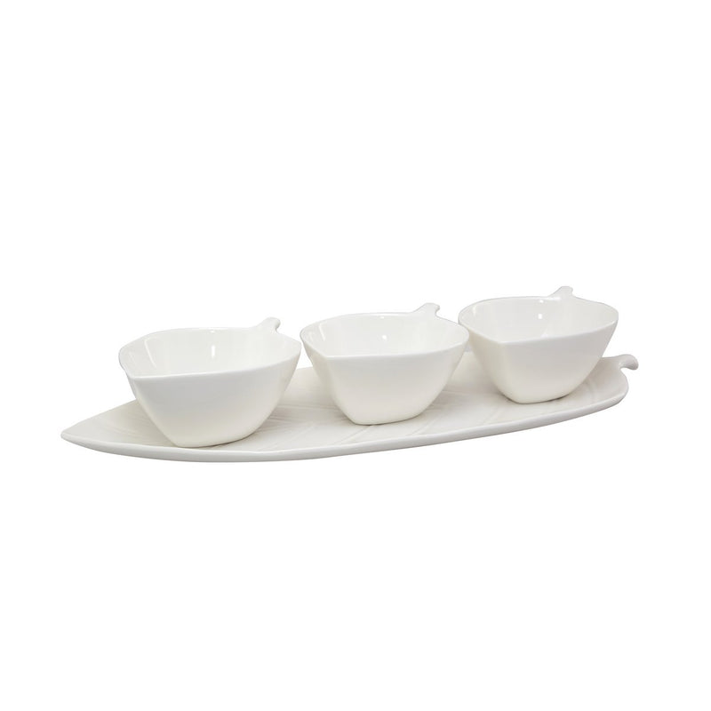 Aulica Aperitif-Set mit 3 Schälchen auf Servierplatte – weißes Keramikset