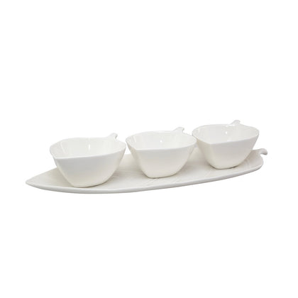 Aulica Aperitif-Set mit 3 Schälchen auf Servierplatte – weißes Keramikset