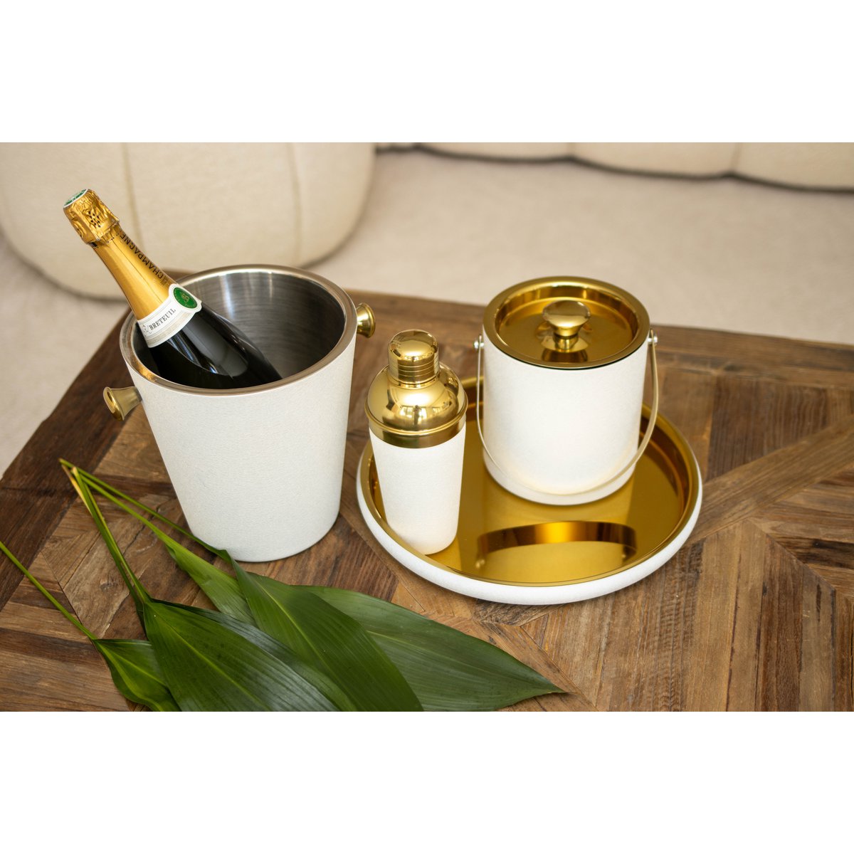 Aulica Rundes Design-Tablett Weiß & Gold – Edelstahl Servier- & Dekotablett 32,5 cm