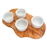 Servierbrett aus Olivenholz mit 4 Porzellanschalen – handgefertigtes Dip-Set aus Deutschland