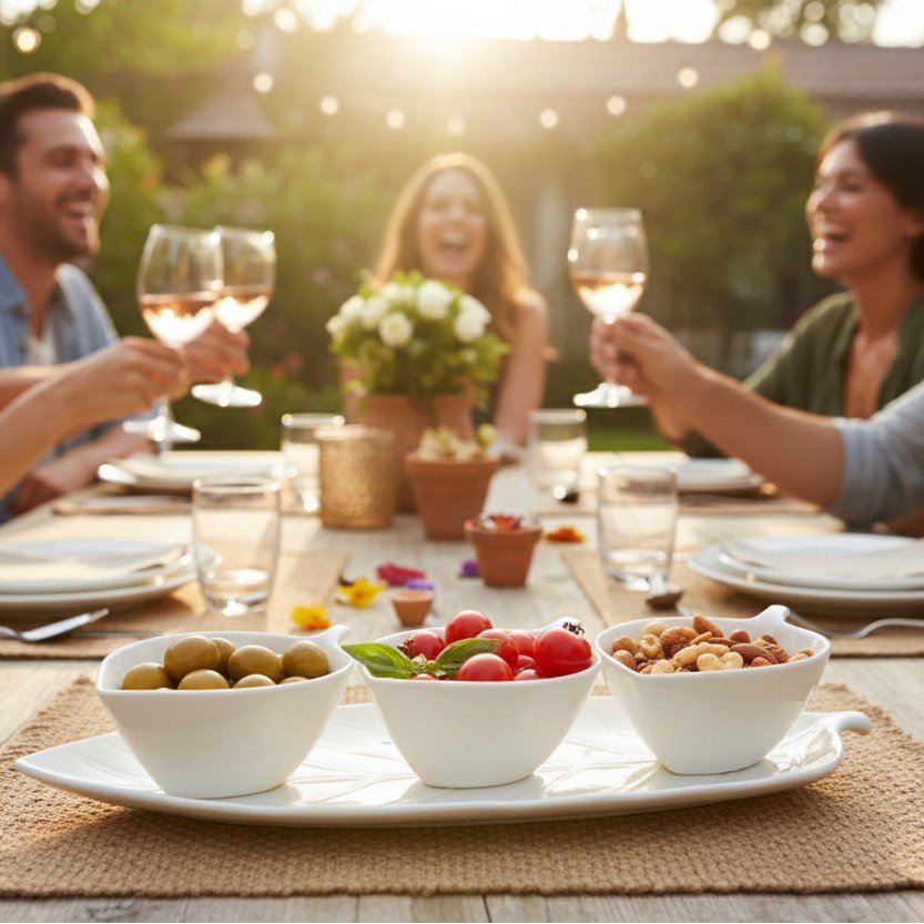 Aulica Aperitif-Set mit 3 Schälchen auf Servierplatte – weißes Keramikset
