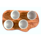 Servierbrett aus Olivenholz mit 4 Porzellanschalen – handgefertigtes Dip-Set aus Deutschland