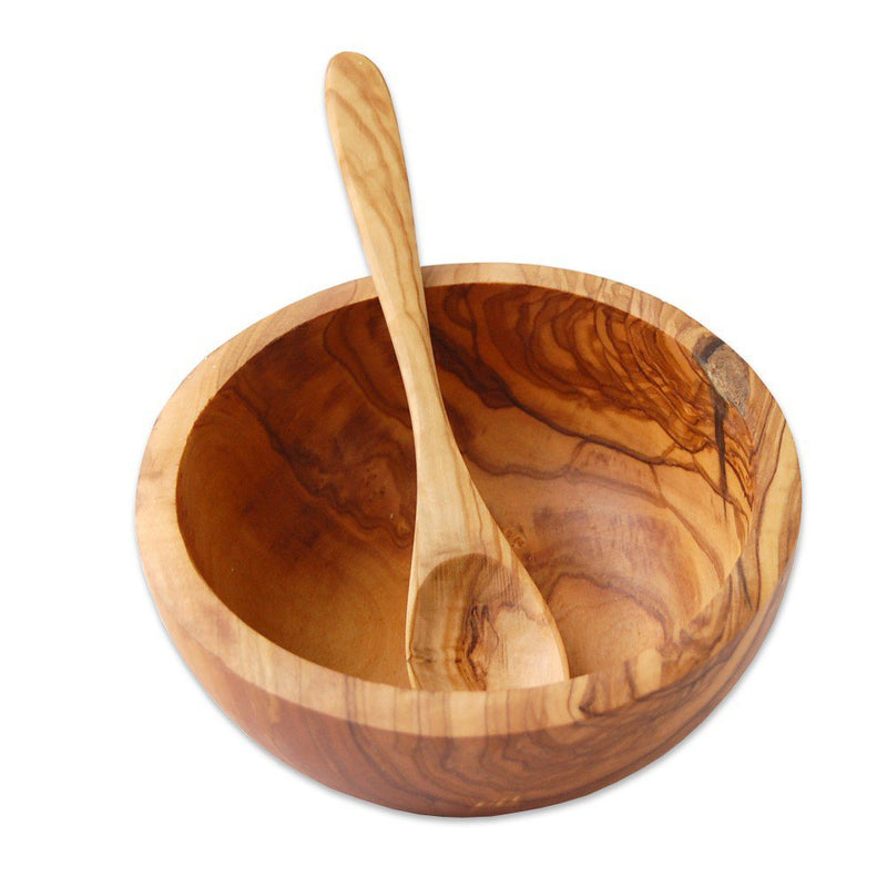 Müslischale aus Olivenholz Ø 16 cm mit Holzlöffel – handgefertigtes Unikat aus Deutschland