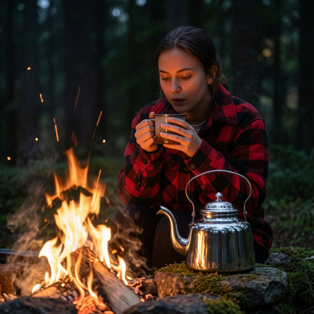 Kaffeekanne vor Lagerfeuer mit einer frau
